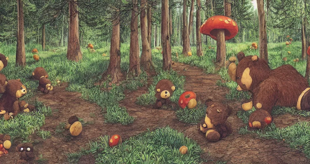 Image similar to teddy bear traveling on a forest road, being watched by lots of different kind on animals, in the forest small and big buildings, giant mushrooms, weird creatures, highly detailed, wide view, childrens book illustration, by sven nordqvist