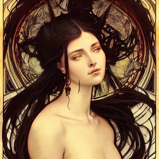 Image similar to A portrait of A beautiful!!!! angel in black flames by Ross Tran!! and alphonse mucha and greg rutkowski! and gustav doré!!,In style of digital art illustration.Symmetry.Highly detailed face.Fantasy,smooth,hyper detailed,sharp focus,Soft light.trending on artstation.4k