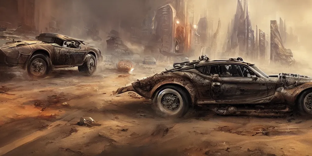 Image similar to full view of a car, intricate, elegant, highly detailed, digital painting, concept art, smooth, sharp focus, art style from Wang Ke and Greg Rutkowski and Bruce Kaiser and Scott Robertson and Dmitry Mazurkevich and Doruk Erdem and Jon Sibal, small style cue from Blade Runner and Mad Max