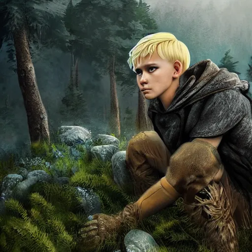 Image similar to blonde boy fantasy thief, high detail face, realistic, ultra detailed, menacing, powerful, dark, shallow focus, forest, mountains in the background concept art design as if designed by Wētā Workshop