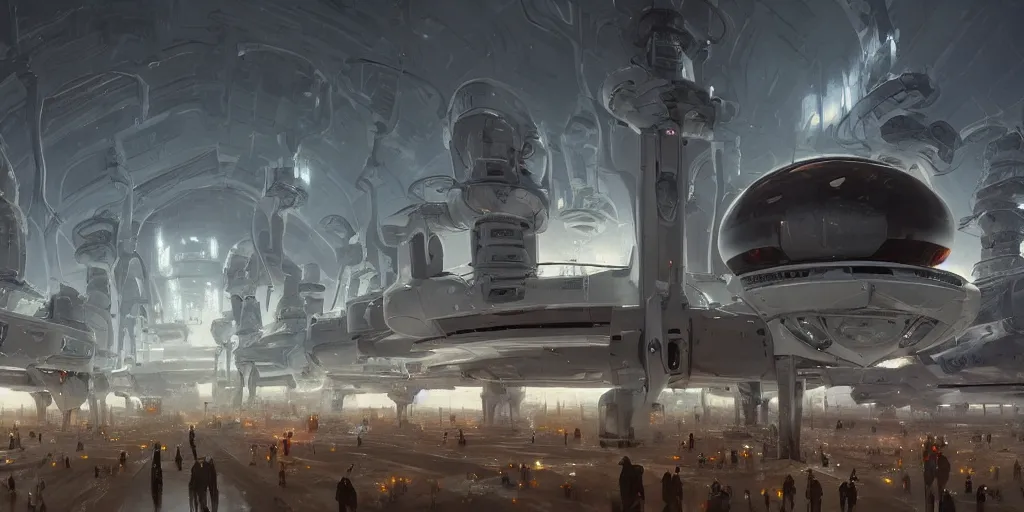 Image similar to one thousand aligned cryogenic pods, symmetrical, futuristic decoration, sci-fi, cryogenic pods, many cryogenic pods, wide shot, matte painting, oil painting, dark sci-fi, by Sergey Kolesov, Tristan Eaton, James Gurney, greg rutkowski.