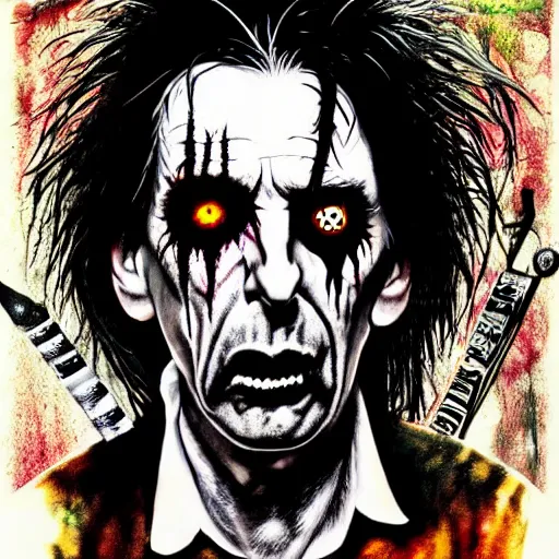 Image similar to graphic illustration, creative design, alice cooper as rob zombie, biopunk, francis bacon, highly detailed, hunter s thompson, concept art, mixed media