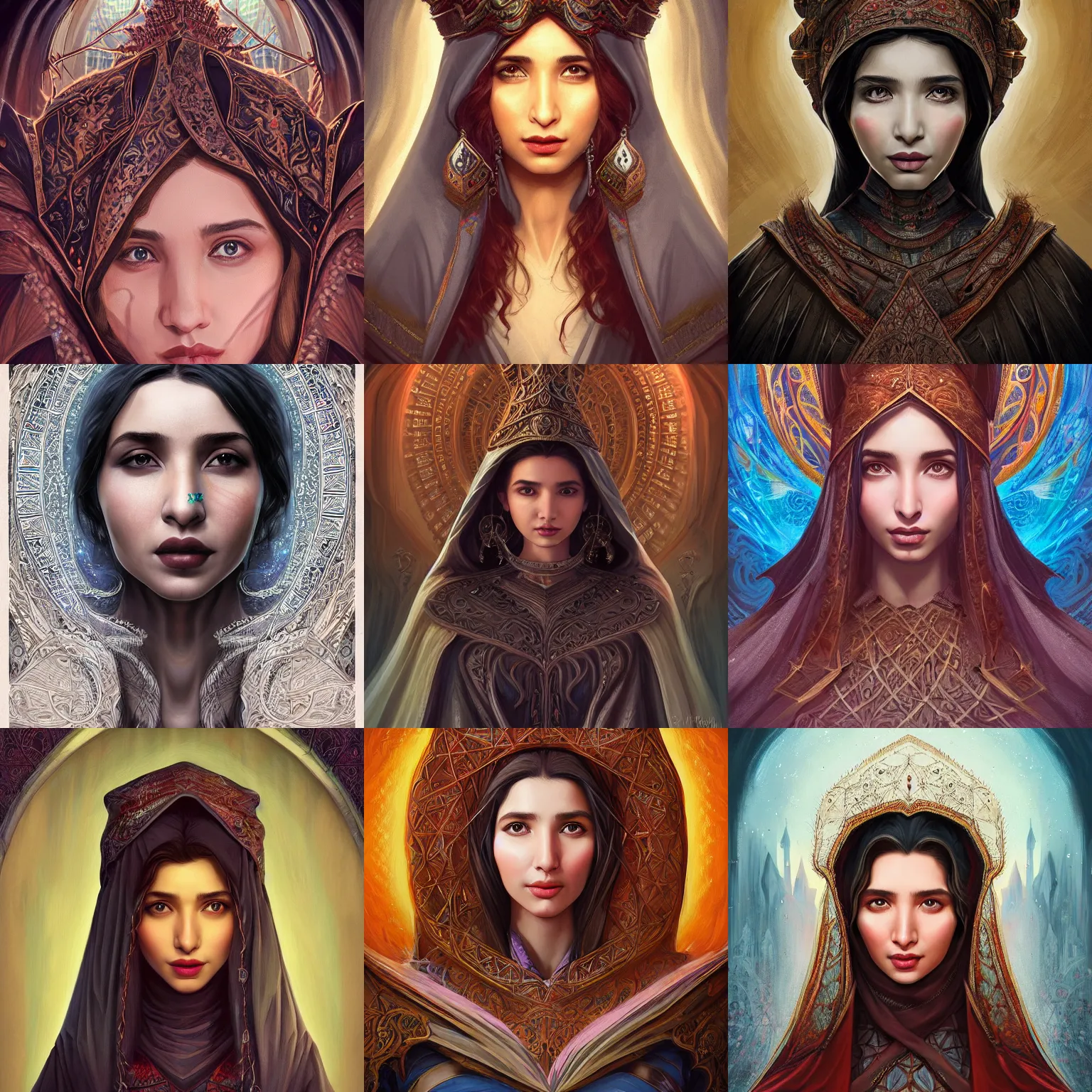 Prompt: head-on symmetrical centered painted portrait, Mahira Khan as a D&D wizard, medieval robes, fantasy, intricate, elegant, highly detailed, digital painting, smooth, sharp focus, illustration, artstation, in the style of Artgerm and Anna Podedworna and Alex Ross