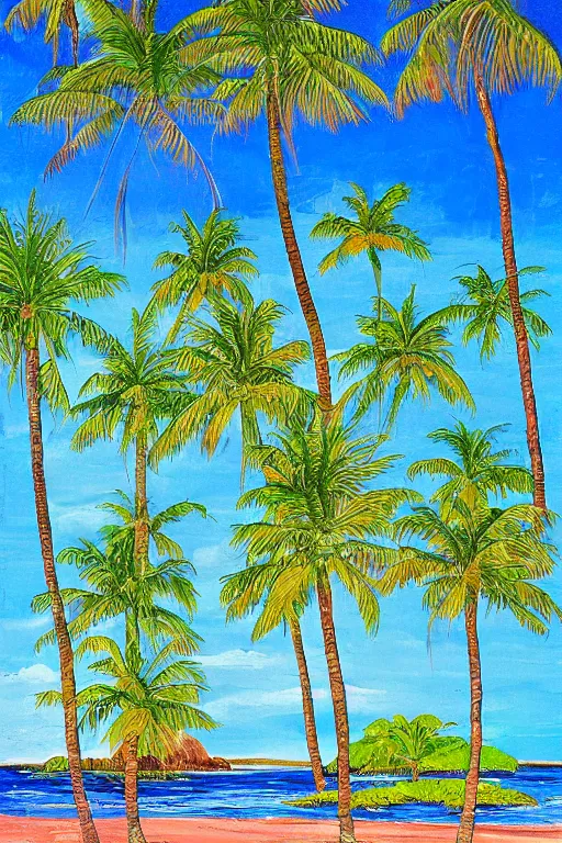 Prompt: beckoning palms lean over crystal clear water, shadows on water, hawaiian style by scott westmoreland