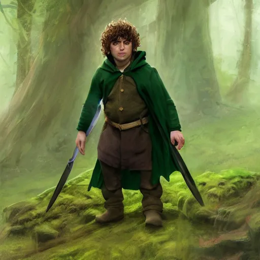 Image similar to a portrait of a handsome hobbit rogue wearing a dark green hood and a cloak in the forest, wearing adventure gear, holding a sword, ultra realistic, detailed, masterpiece, short brown hair, clean shaven, by Tony Sart and Randy Vargas and Greg Rutkowski, trending on ArtStation