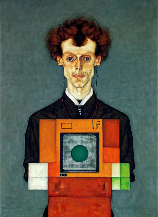 Image similar to creative coder with a computer in geometric harmony, by egon schiele and quint buchholz, portrait, colorful, escher, detail