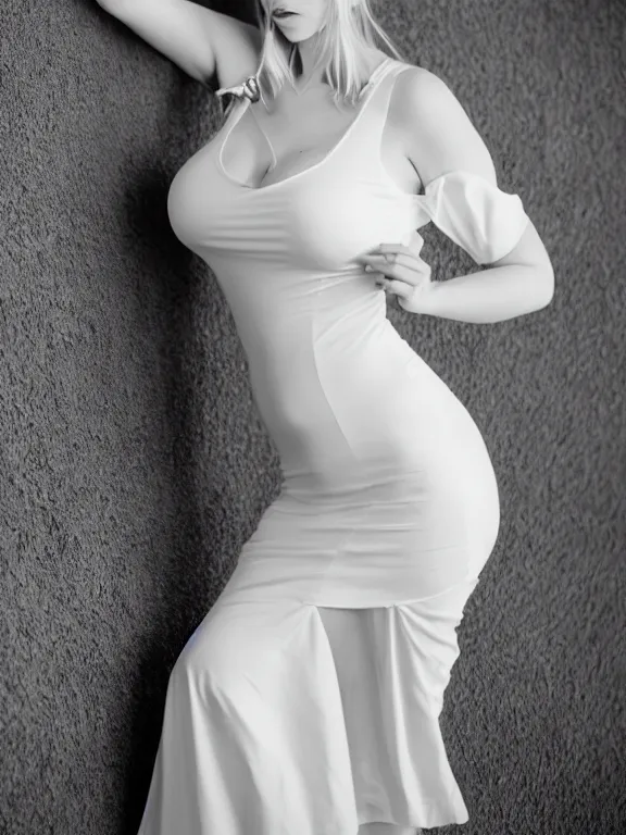 Image similar to 2 8 mm studio photo of gorgeous seductive emily skinner cosplaying annie leonhart wearing tight white dress, beautiful face, pale skin, rule of thirds, cinematic lighting, sharp focus, backlit, stunning, smooth, hard focus, glamour pose, full body shot