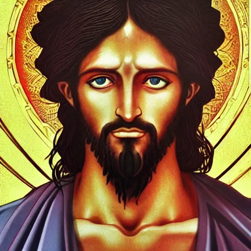 Prompt: 4K headshot of godlike Jesus of Nazareth with defined arms and open hands and bloody clothes with giant mandala wings , intricate face , flawless anime cel animation by Kentaro Miura, psychedelic , highly detailed upper body , professionally post-processed , beautiful, scary, symmetry accurate features, epic, octane rendered, anime masterpiece, accurate by Craig Mullins, ilya kuvshinov, krenz cushart, epic , artgerm trending on artstation by Edward Hopper and Dan Mumford and WLOP and Rutkovsky, beksinski carl spitzweg moebius and tuomas kocar, intricate artwork by caravaggio, Unreal Engine 5, Lumen, Nanite