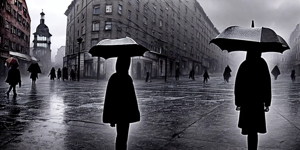 Image similar to medium shot | sadie sink in hoodie | lonely market stall selling umbrellas | in ruined square, pedestrians on both sides | steampunk tenement windows in background : 3 5 mm film, anamorphic, from schindler's list by steven spielberg. cyberpunk, cinematic atmosphere, detailed and intricate, perfect anatomy