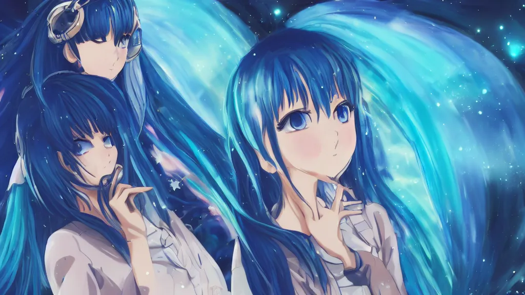 Prompt: a beautiful anime girl with blue hair in a sealed space suit in awe looking at the beauty of the universe. key-visual, digital art, anime style, mihoyo, pixiv, 4k