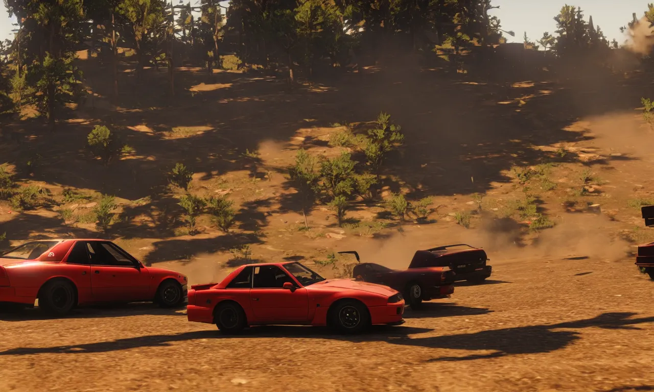 Image similar to a photo of a nissan s 1 3 drifting in red dead redemption 2