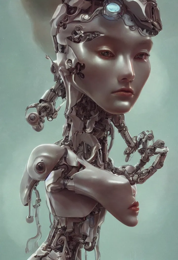 Prompt: portray of beautiful robot girl with porcelain wet glossy skin, look like a 3d model, alive statue, Ivan Bilibin, Ross Tran, Tom Bagshaw