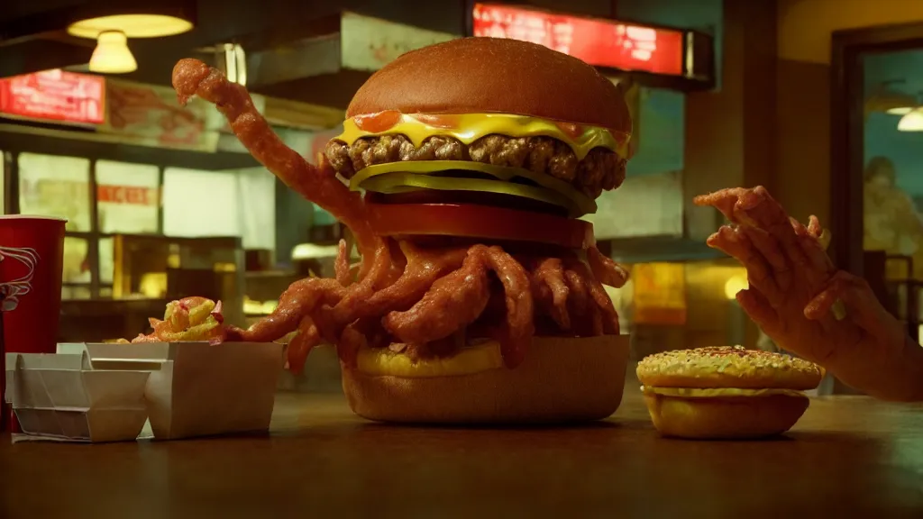 Image similar to the cheeseburger creature at the fast food restaurant, film still from the movie directed by denis villeneuve and david cronenberg with art direction by salvador dali and zdzisław beksinski, wide lens