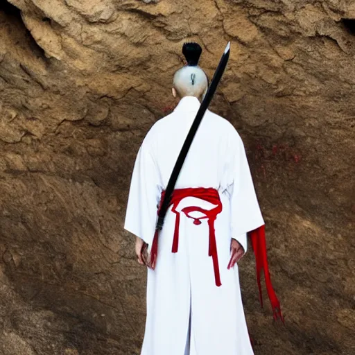 Image similar to samarai cloaked in white with swords, standing in light beam of a dark cave, ruby red sorrow, high quality, ultra detail