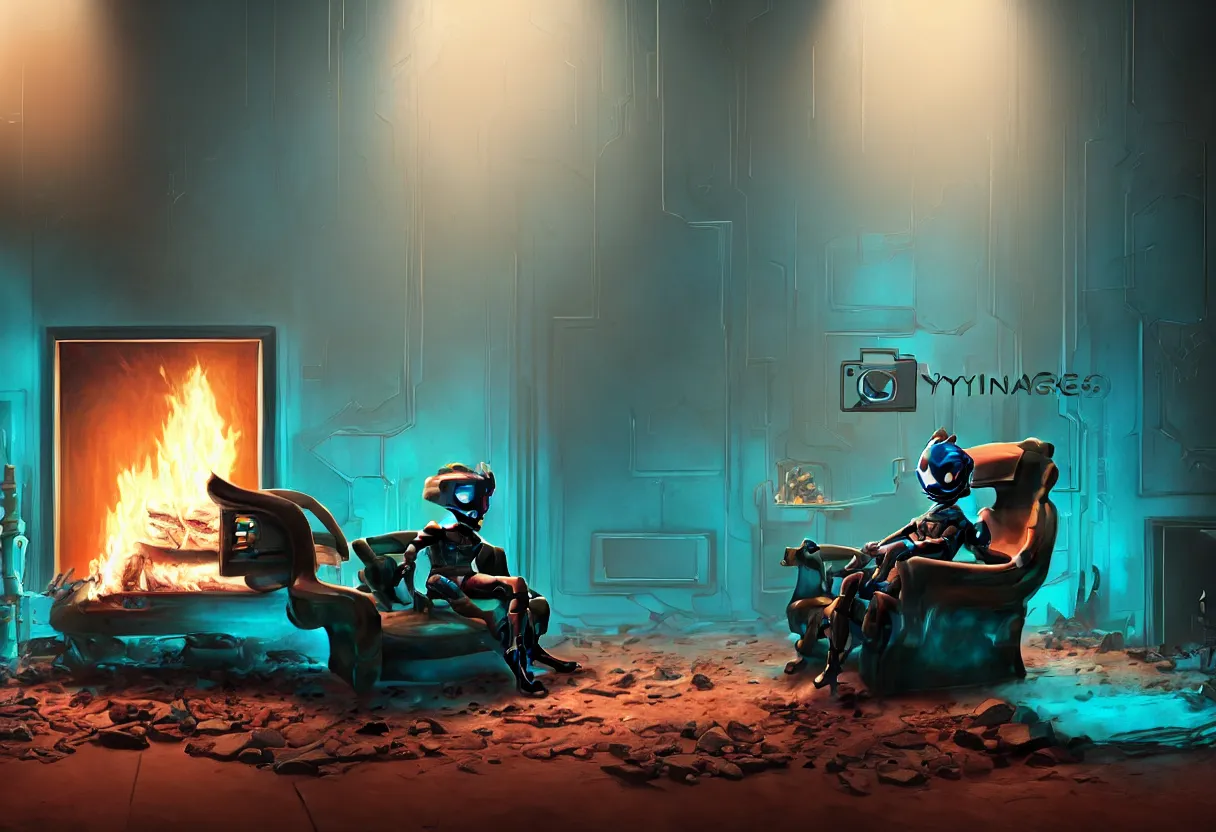 Image similar to A closeup portrait of a lone solitary cyan and brown decaying futuristic robot seated on a fainting couch facing a roaring fire in a huge fireplace in a dusty Victorian home, cold blue light from the window, with cinematic lighting and lens flare, tall ceiling, octane render, by Simon Stalenhag and Gregory Crewdson and Alfonso Cuaron, award-winning highly detailed 8k anamorphic closeup tight cinematic movie photograph