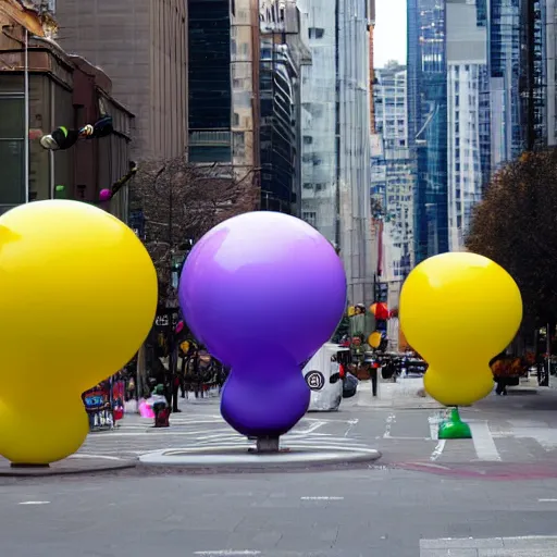 Prompt: Jeff Koons balloon statues in the middle of a busy city street