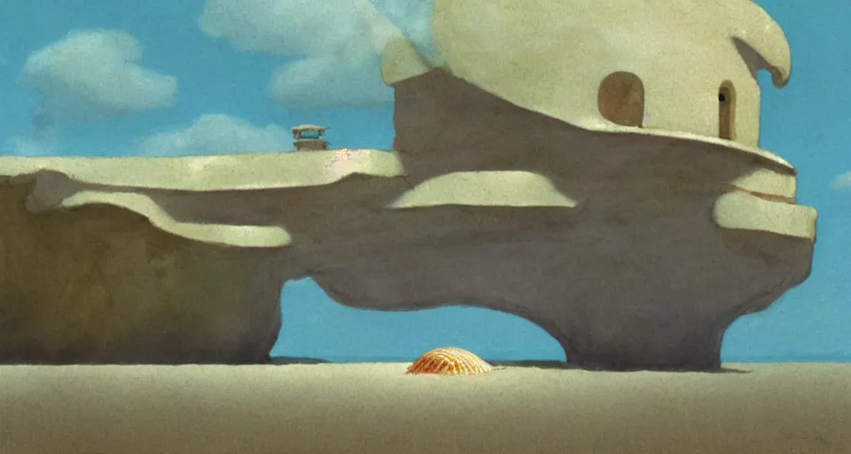 Prompt: a single seashell house in a deserted beach, still life, concept art by roger dean and john harris, atmospheric