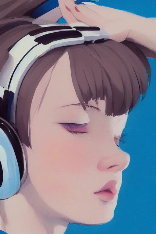 Prompt: a cute young woman listening to music with her eyes closed and wearing headphones in the style of Ilya Kuvshinov and Range Murata, white bob cut hair, blue filter, blue and white, vivid colors, soft lighting, cinematic, moody, oil on canvas by Krenz Cushart, 8k