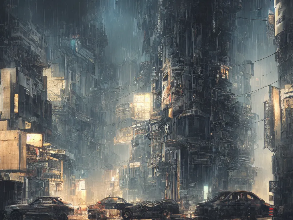 Prompt: the very beautiful matte photorealistic painting of greek acropolis in cyberpunk style, rain, cinematic dramatic lighting, trending on artstation