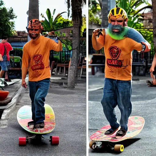 Prompt: a wizard riding a skateboard while drinks a delicious michelada