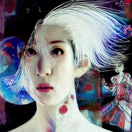 Image similar to yoshitaka amano blurred and dreamy realistic three quarter angle portrait of a woman with white hair and black eyes wearing dress suit with tie, junji ito abstract patterns in the background, satoshi kon anime, noisy film grain effect, highly detailed, renaissance oil painting, weird portrait angle, blurred lost edges