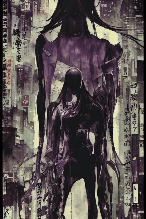 Prompt: professionally drawn seinen mature cyberpunk detective horror action manga comic cover, full color, beautifully drawn coherent professional, drawn by ilya kuvshinov!, satoshi kon, kentaro miura, dave mckean, tsutomu nihei. japanese script kanji hiragana on the cover. minimalist stylized cover art. purple indigo cel shaded