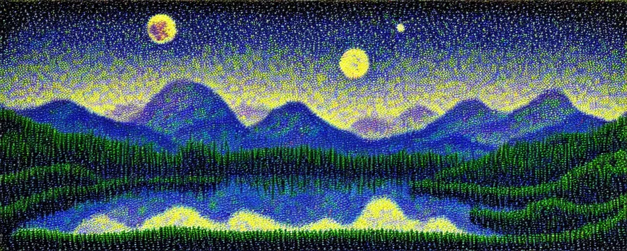 Prompt: a peaceful mountain valley with a lake at night, crescent moon, pointillism