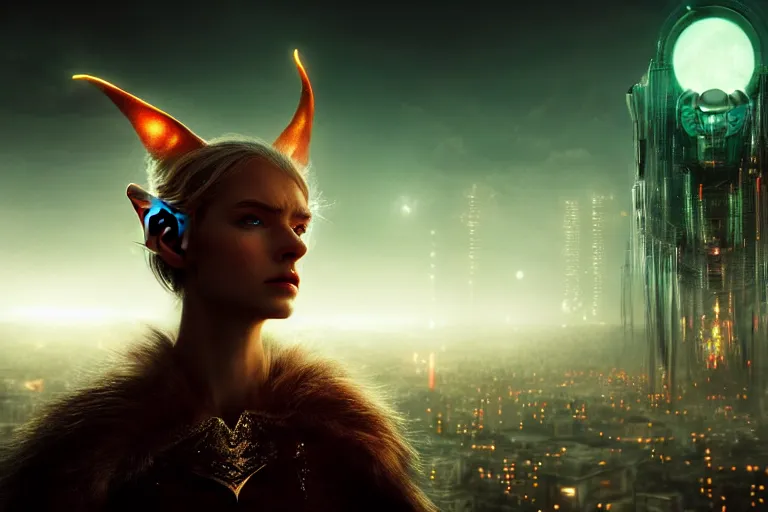 Image similar to an ultra realistic, cinematic, fantasy, headshot portrait, of an elden ring elf, fairy lights, facial features, overlooking a vast dystopian cityscape, with futuristic buildings and neon signs, detailed, deep focus, movie still, dramatic lighting, ray tracing, by michal karcz and yoshitaka amano