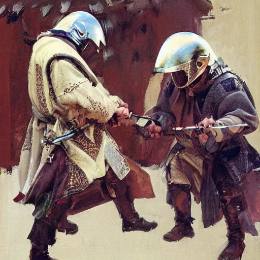Image similar to portrait of two men wearing gambeson and medieval helmets, fighting, duelling, clashing swords, detailed by greg manchess, craig mullins, bernie fuchs, walter everett