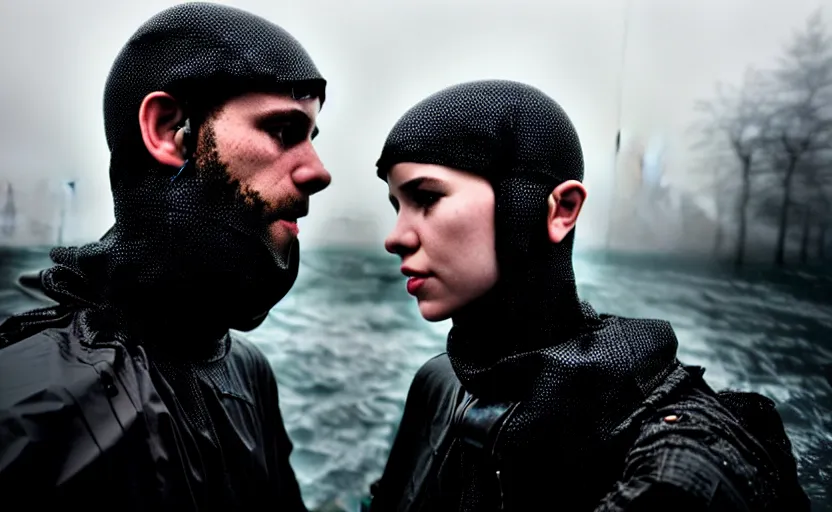 Image similar to cinestill 5 0 d candid photographic portrait by helen levitt of two european mail androids wearing rugged black mesh techwear in treacherous waters, extreme closeup, modern cyberpunk moody depressing cinematic, pouring rain, 8 k, hd, high resolution, 3 5 mm, f / 3 2, ultra realistic faces, ex machina