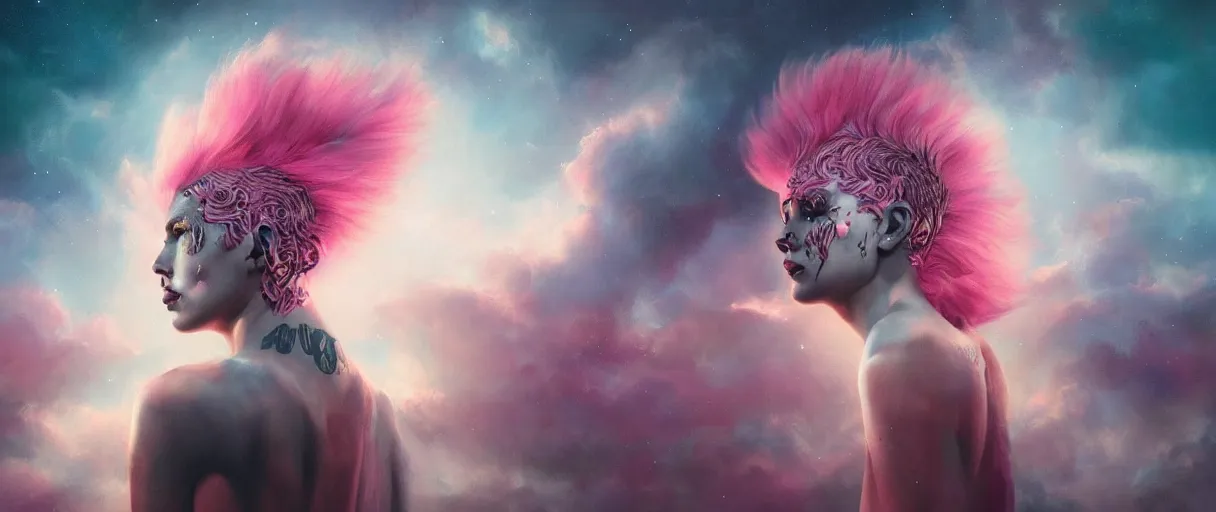 Prompt: brutal clothing brand, beautiful clear faces by tom bagshaw, portrait big punk, pink, mohawk, space, hyperdetailed illustration, stars, neon, oil painting, rich deep colors masterpiece, ultra detailed, contrast, heaven pink, clouds, volumetric light, atmospheric lighting, dramatic, cinematic, moody, octane render 4 k, 8 k