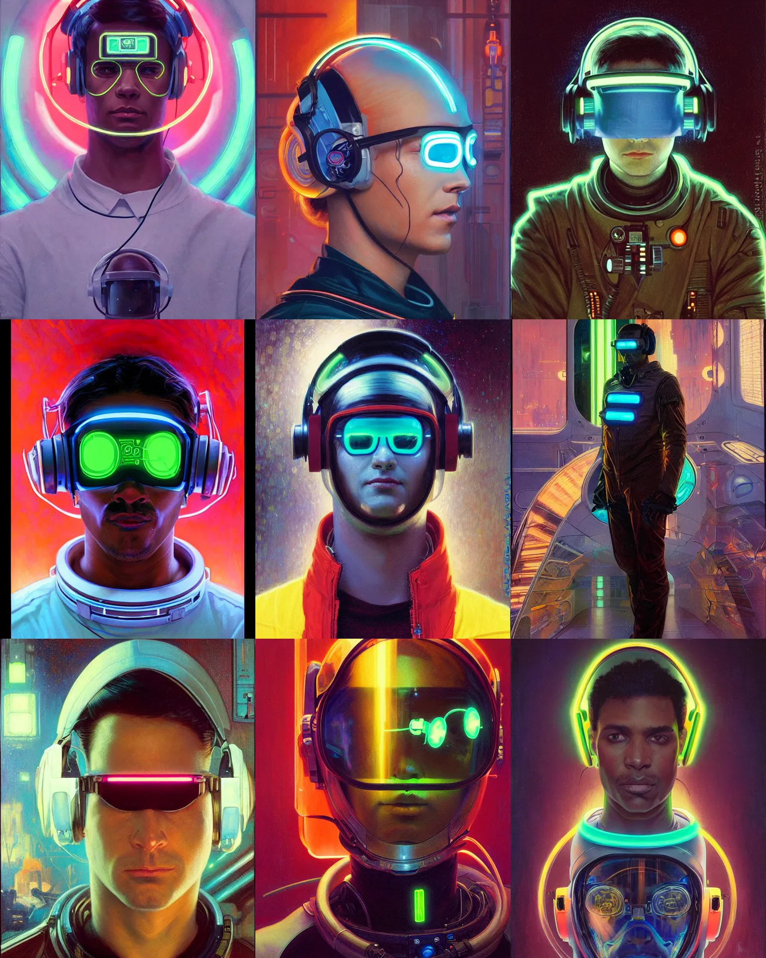 Prompt: neon cyberpunk programmer with glowing geordi visor over eyes and sleek headphones headshot portrait painting by donato giancola, christopher balaskas, loish, alphonse mucha, mead schaeffer astronaut fashion photography