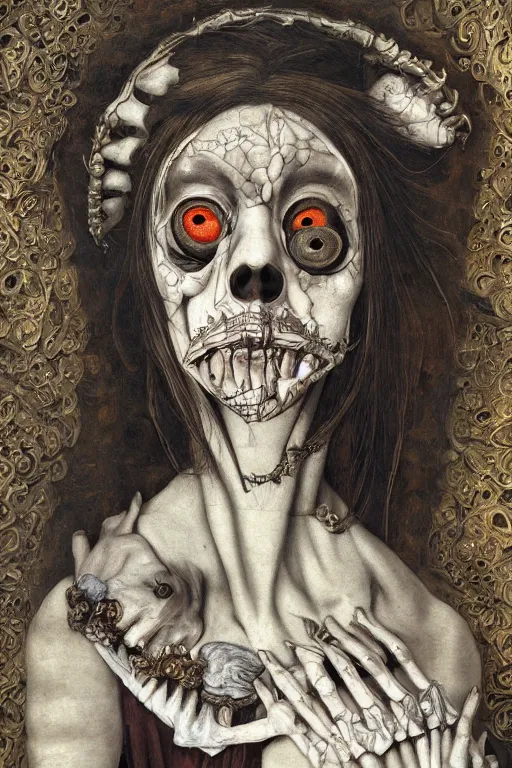 Image similar to Detailed maximalist portrait with large lips and with large eyes, sad expression, skeletal, HD mixed media, 3D collage, highly detailed and intricate, surrea, illustration in the style of Caravaggio, dark art, baroque