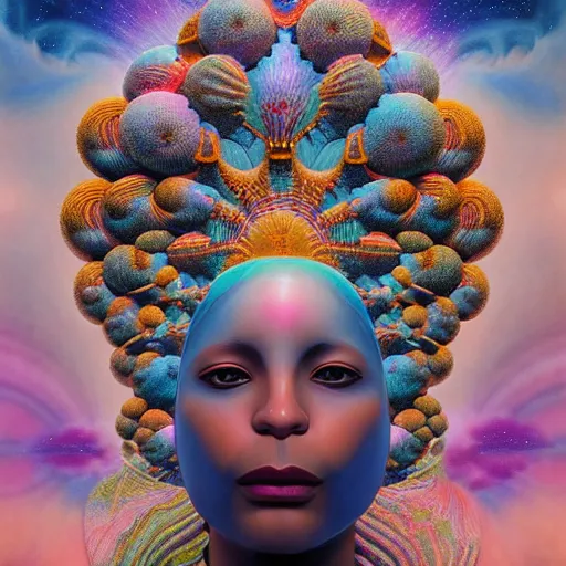 Image similar to obatala the cosmic god sitting in a cabana made of nebula clouds, by Adi granov and afarin sajedi and amanda sage and evgeni gordiets and Agostino Arrivabene in a psychedelic portrait style, ultrarealistic matte painting, volumetric lighting, fractal, extremely symmetrical, highly detailed face, orisha, 8k, hd