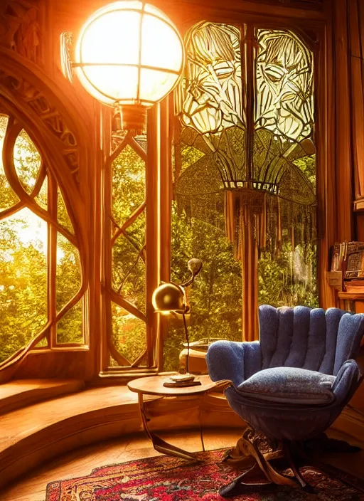 Image similar to an incredibly beautiful scene from a 2 0 2 2 marvel film featuring a cozy art nouveau reading nook in a fantasy treehouse interior. an end table with a lamp. golden hour. 8 k uhd.