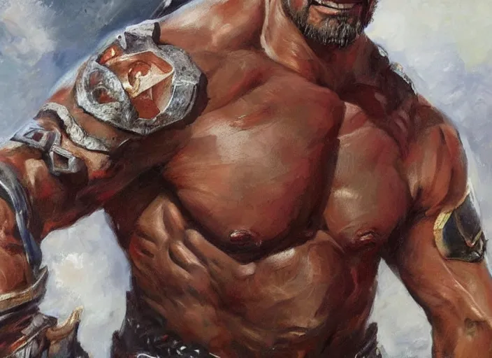 Image similar to a highly detailed beautiful portrait of dwayne johnson as kratos, by gregory manchess, james gurney, james jean