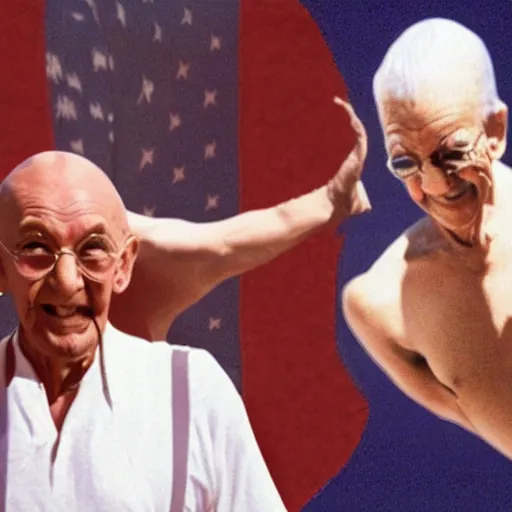 Image similar to donald trump dancing acrobatic rock with gandhi