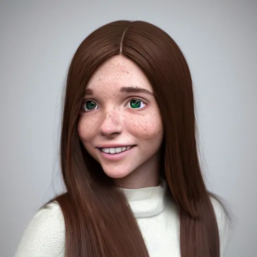 Prompt: Render of April, a cute 3D young woman, long shiny bronze brown hair, full round face, green eyes, medium skin tone, light cute freckles, light blush, smiling softly, wearing casual clothing, interior lighting, cozy living room background, medium shot, mid-shot, hyperdetailed, hyperreal, trending on Artstation, Unreal Engine 4k