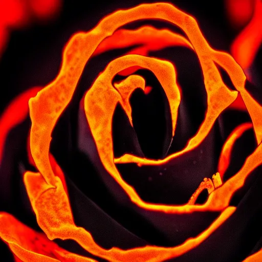 Image similar to award - winning macro of a beautiful black rose made of glowing molten magma