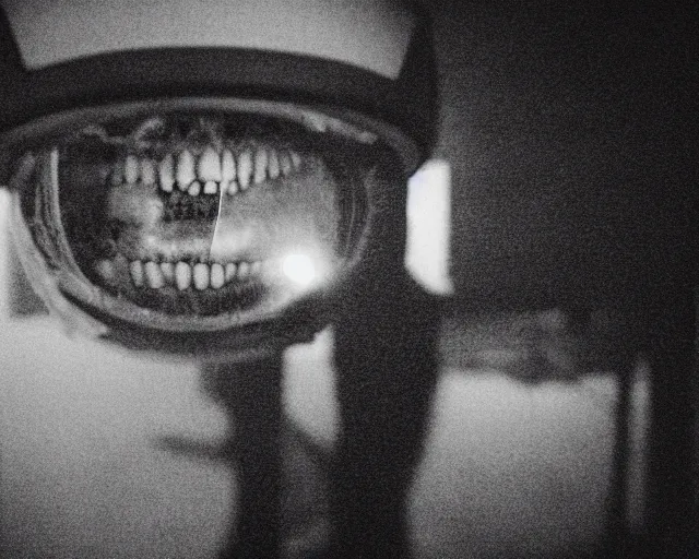 Image similar to aggressive psychopath with meatface and chainsaw-teeth with a knife looking at camera, horror lighting, at night, cctv footage, out of focus, motion blur