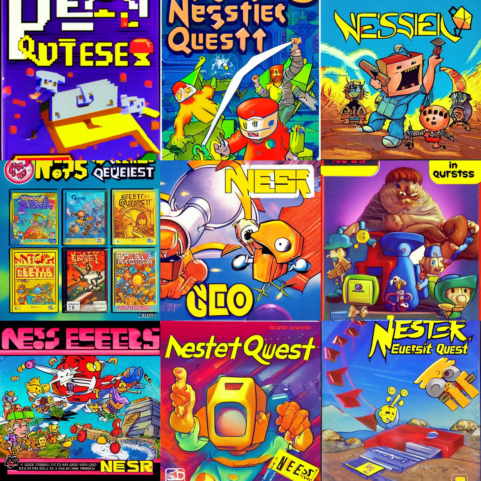 Prompt: 1990s video game box art for Nester’s quest