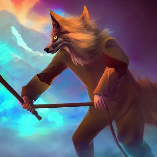 Image similar to wizard is holding a staff as a wolf, dynamic pose, chromatic aberration, medium level shot, fantasy, illustration, concept art,