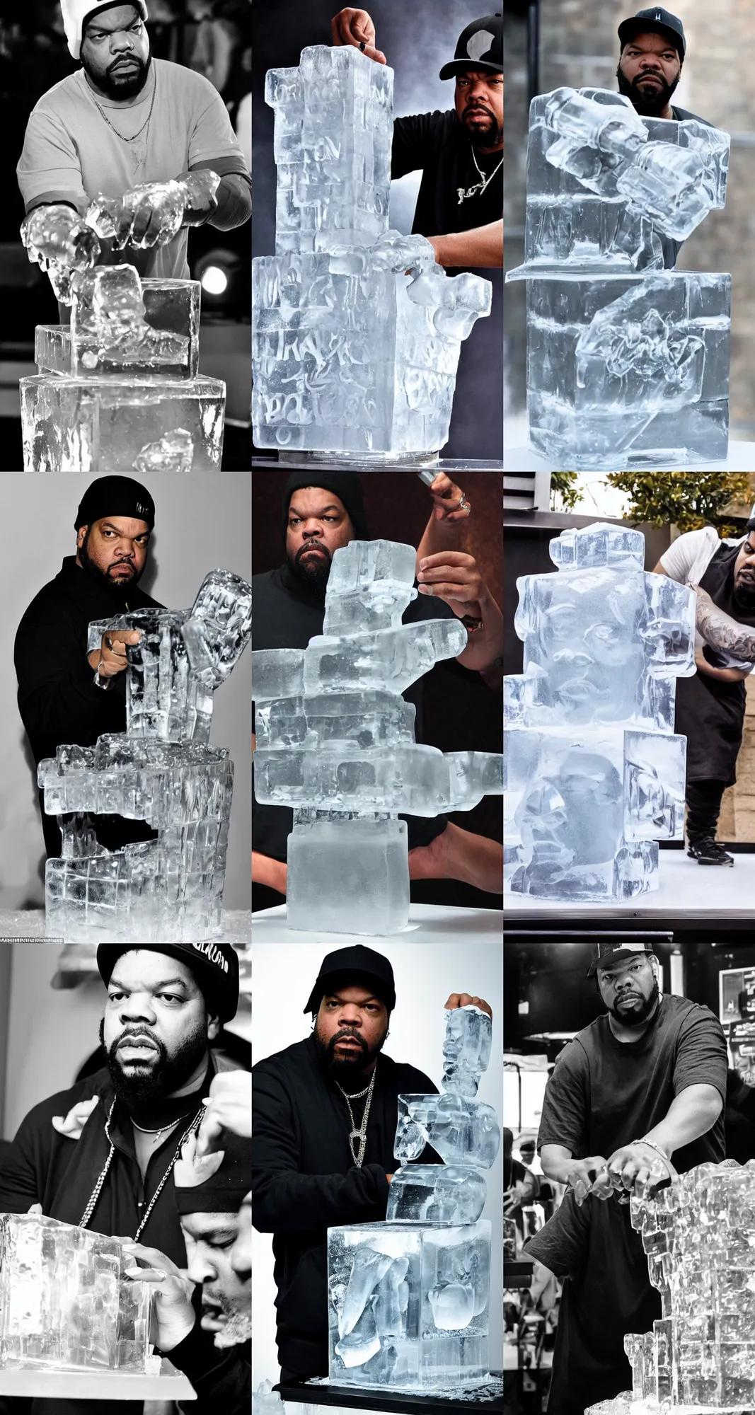 Prompt: dramatic photo, the rapper'ice cube'making an ice sculpture that looks like himself