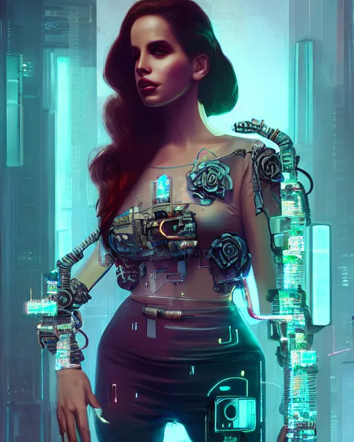 Image similar to portrait of lana del rey as a cyberpunk cyborg. roses, sci - fi, missing panels, intricate abstract upper body intricate artwork, by tooth wu, wlop, beeple, dan mumford. concept art, octane render, deviantart, greg rutkowski, cinematic, key art, hyperrealism, iridescent accents