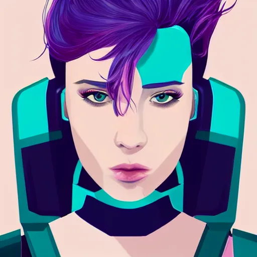 Prompt: a stunning upper body portrait of a beautiful young woman wearing futuristic navy blue and teal battle bodyarmor with shoulder pads, ombre purple and pink hairstyle, hair blowing in the wind, by marvel comics, digital art, trending on artstation