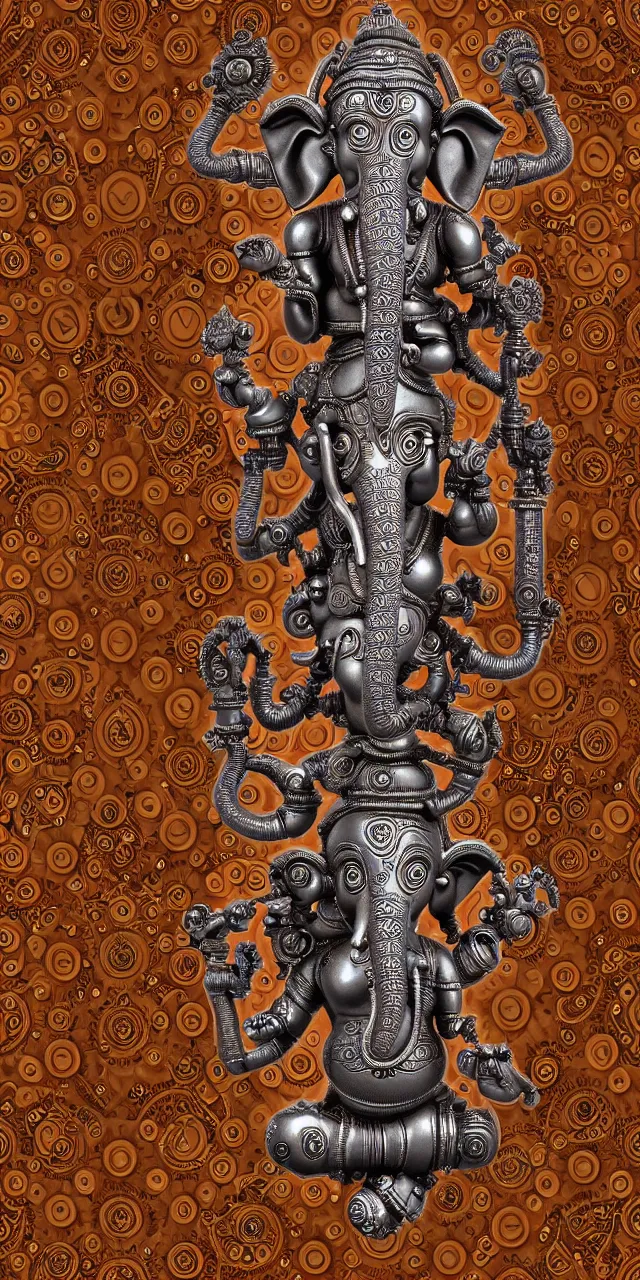 Image similar to seamless pattern of steampunk cybernetic biomechanical hindu god ganesha, symmetric, 3 d model, very coherent symmetrical artwork, unreal engine realistic render, 8 k, micro detail, intricate, elegant, highly detailed, centered, digital painting, artstation, smooth, sharp focus, illustration, artgerm, tomasz alen kopera, wlop