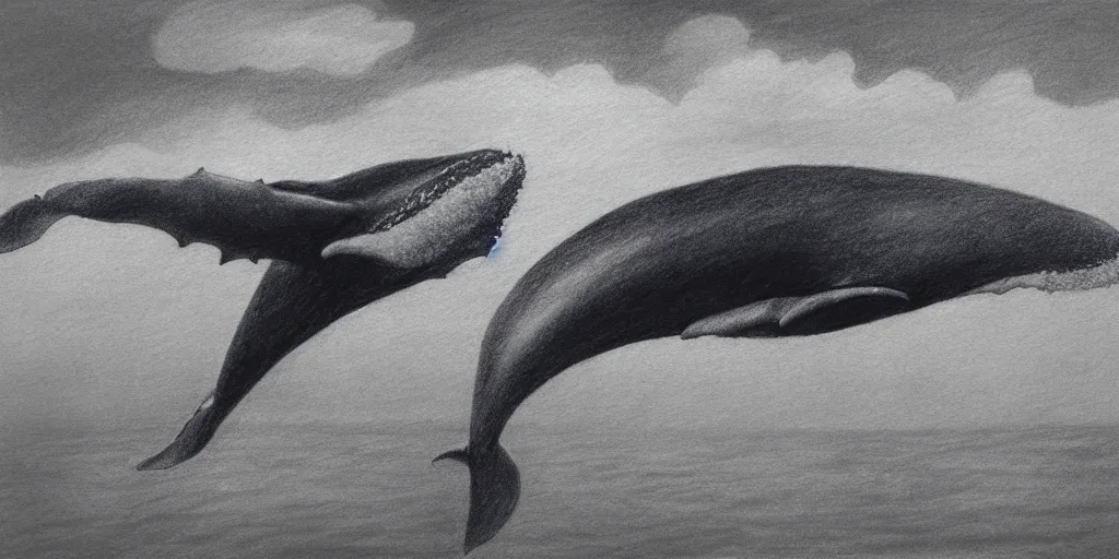 Prompt: a dark cloudy day, a whale swimming in the sky, pencil drawing, ultra realistic