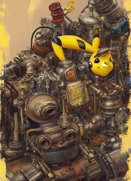 Image similar to high intricate painting of pikachu, dieselpunk, full shot, neil gaiman, maria panfilova, andrea savchenko, mike kime, ludovic plouffe, qi sheng luo, oliver cook, julian calle, eddie mendoza, trending on artstation