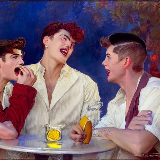 Image similar to three male teens wearing rockabilly outfits and eating lemon popsicles while looking at a woman by gaston bussiere, craig mullins, j. c. leyendecker 8 k