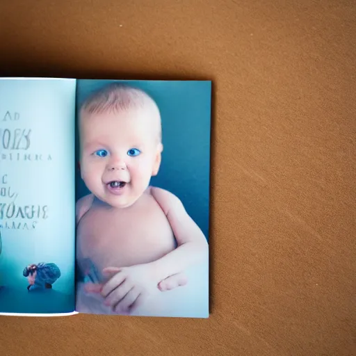 Image similar to high quality studio photography of a cute book with baby eyes